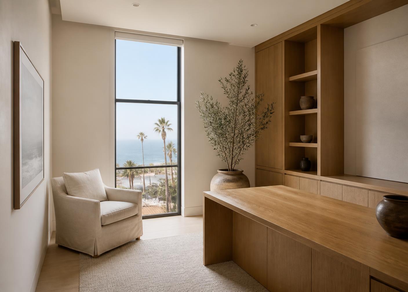 Quiet Santa Monica office interior with oak millwork and coastal daylight
